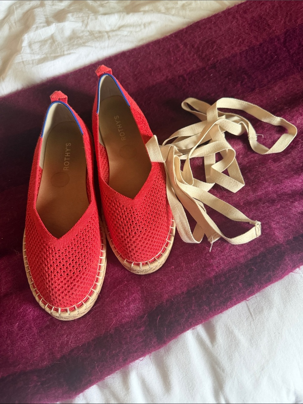 Rothy's Red Knit Espadrilles with Cream Wrap Laces